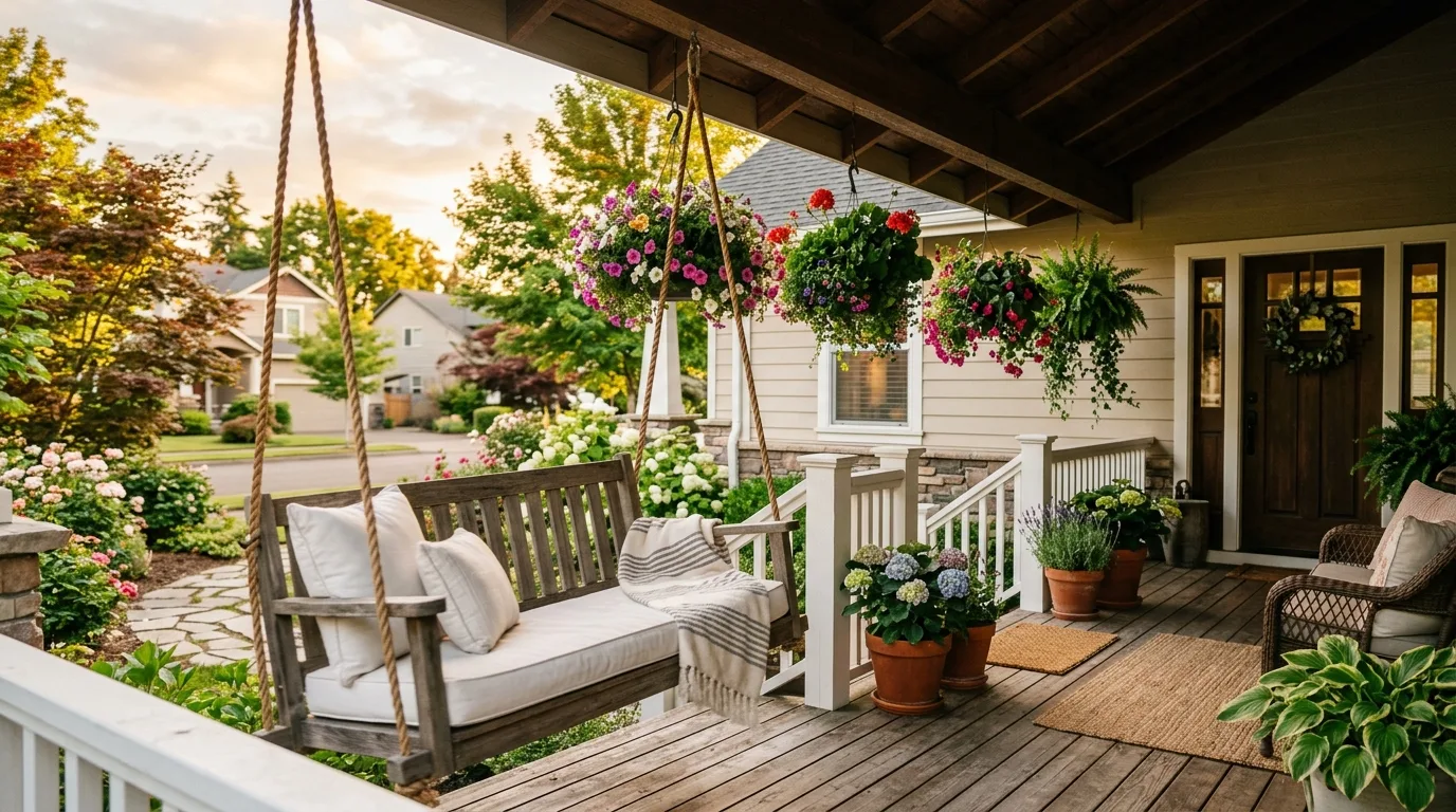 Hanging Planters or Swing for 10 front porch ideas to boost curb appeal fast